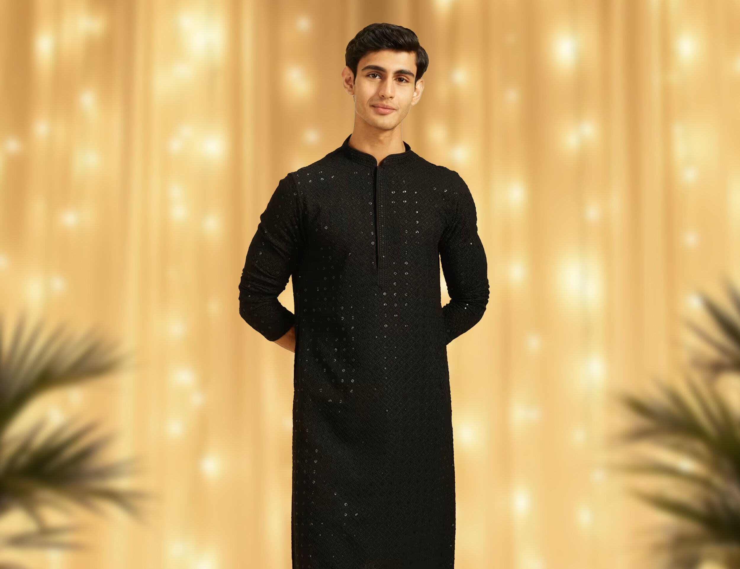  Man wearing a black Chikankari kurta with subtle mirror work for a stylish look.
